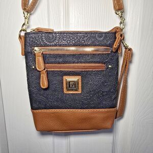 Stone Mountain Crossbody Bag Black Embossed Paisley Tan Accent Bonded Leather